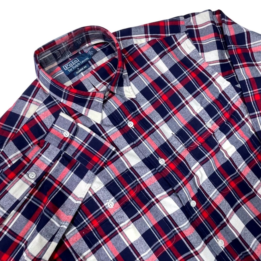 Polo Ralph Lauren Mens Large Red Navy Blue Plaid Flannel Shirt Classic Fit NWT